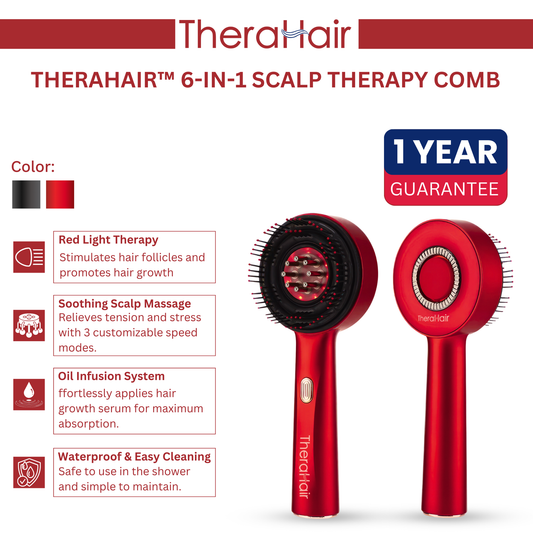 TheraHair™ – Terapeutisk hovedbundskam – Rødt lys, afslappende massage & Serumdiffuser (💧Gratis serum inkluderet!)